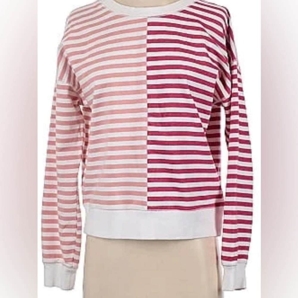 Evereve Tyla Striped Pullover Crew Sweatshirt XL Red/Rose Fleece Casual Cozy